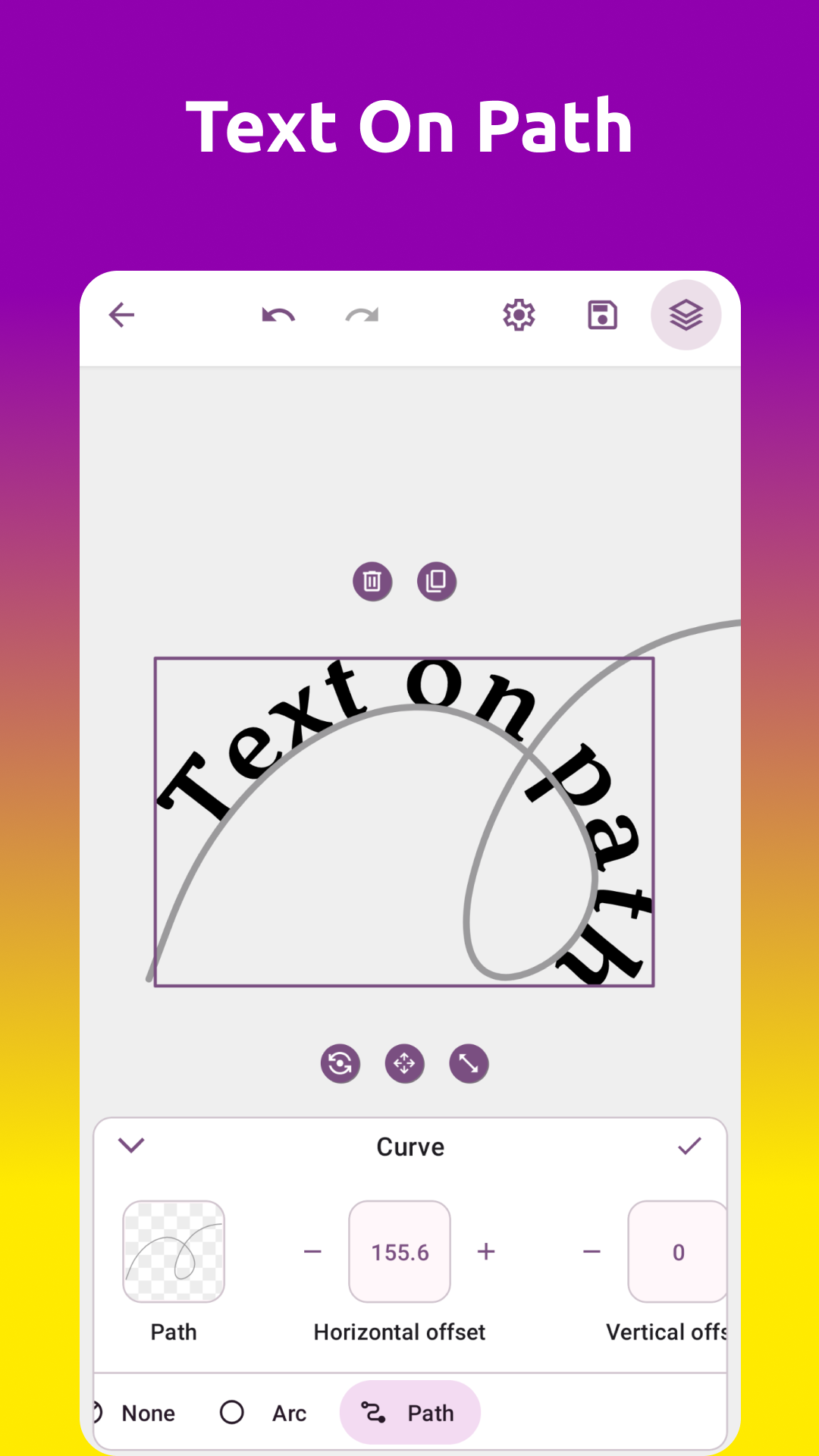 Grafika screenshot showing text on path editing